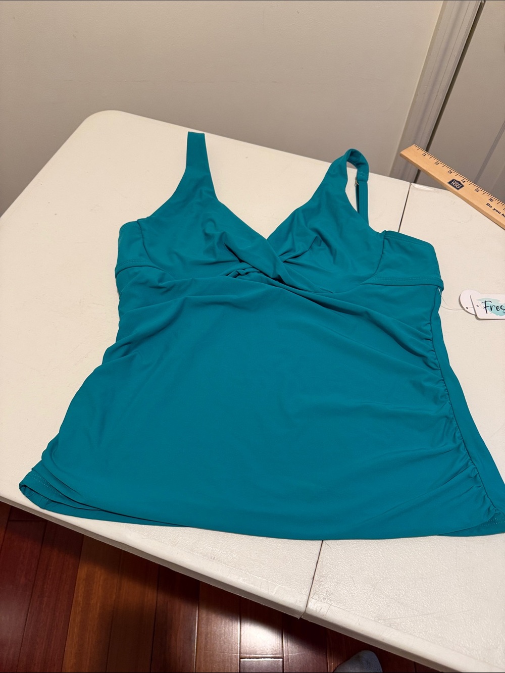 NWT Teal Ruched Tankini Top Twist VNeck Underwire Remo Pads Adjustable Straps XL - Picture 11 of 11